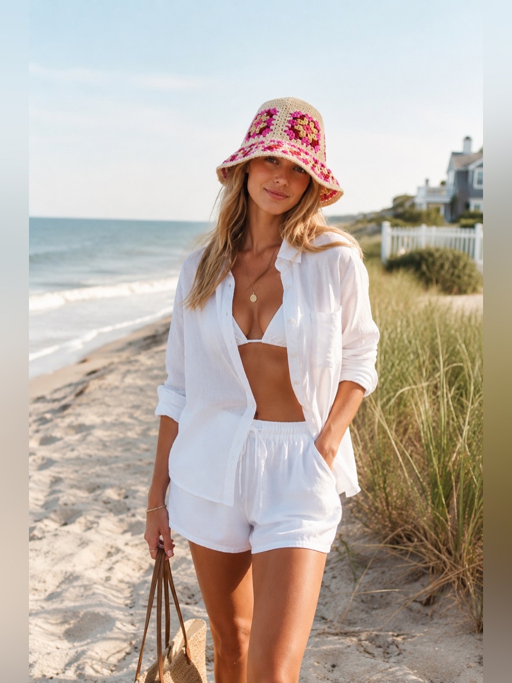 AERIE Geo Flower Straw Hat – Crochet Floral Raffia Bucket Hat – One Size